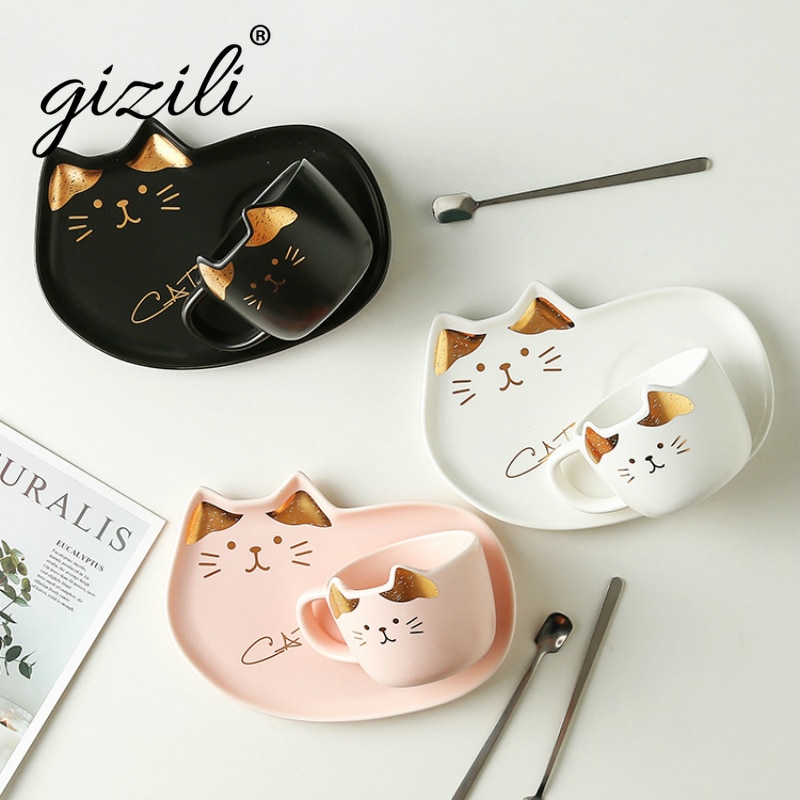 200ML Cartoon Ceramics Cat Mug Set With Saucers Spoon Coffee Milk Mugs Cute Breakfast Drinkware Birthday Porcelain