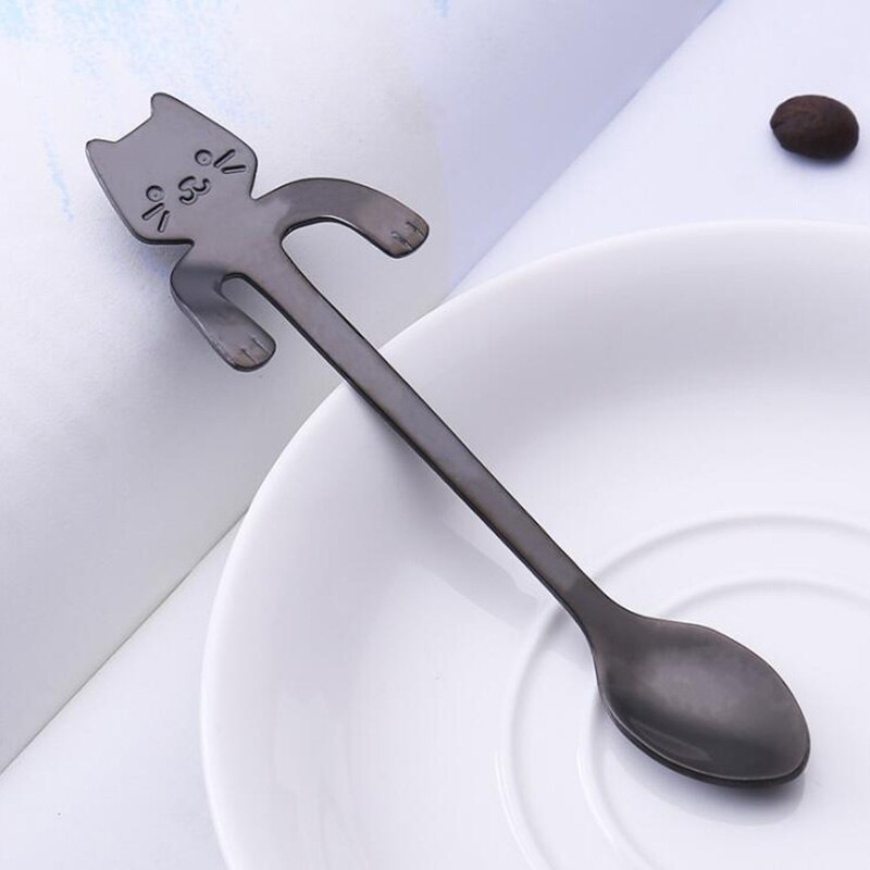 Mini Coffee Spoon Tea Spoon 304 Stainless Steel Kitty Cat Gold Teaspoon Tableware Dessert Long Spoon Handle Dinnerware: Y107-6 / Long