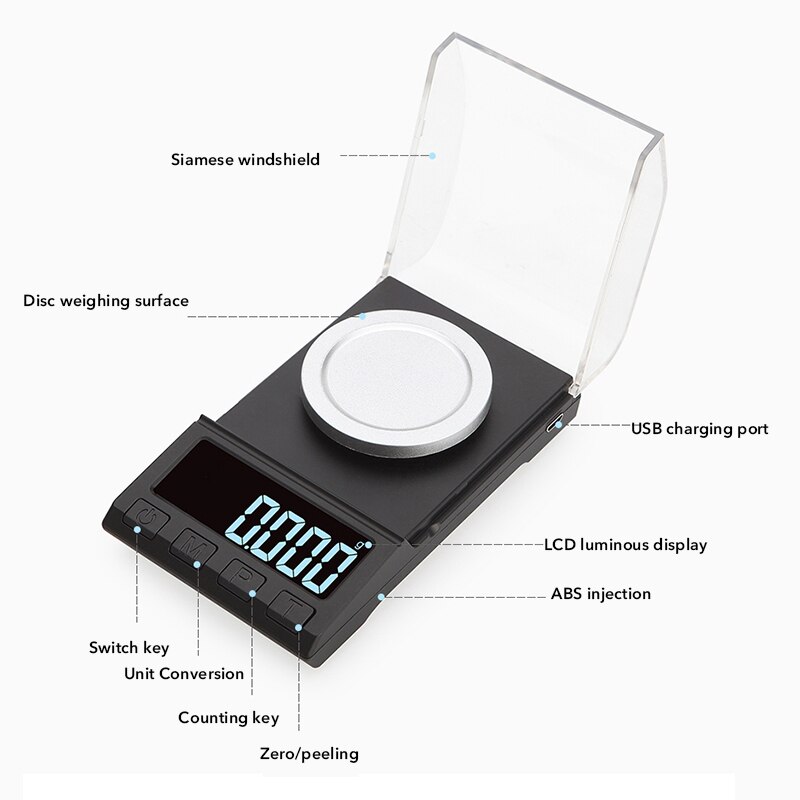 Usb-laddning digitalvåg 10/20/50/100g 0.001g högprecisionssmycken vägningsbalans elektronisk skala med viktningsplattform