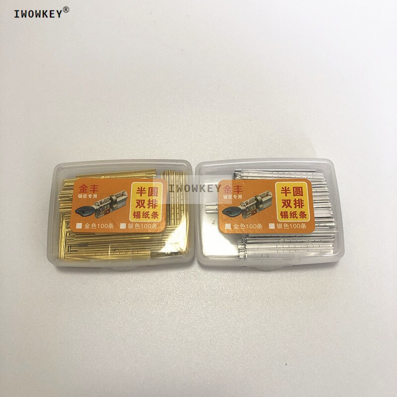 100 unids/lote de herramientas de cerrajero, tira de papel de aluminio con acabado, 2 tipos de doble fila, consumibles de llave de lámina de estaño dorado y plateado