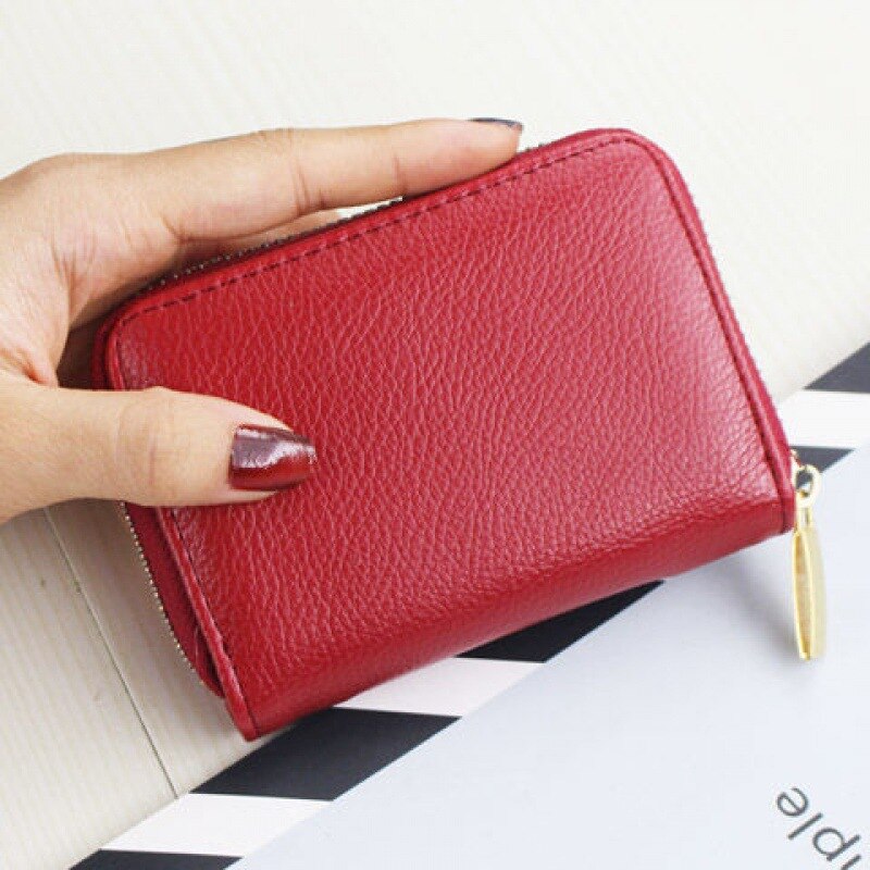 Men Business Card Holder PU Leather Credit Card Holder Women Zipper Pocket Unisex Card Case Zipper Coin Purse Mini Wallet: Wine Red