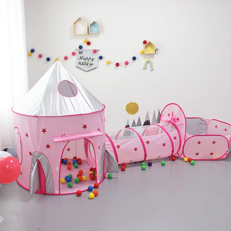Kids 3 in 1 Tent Spacecraft Tent Space Quilt Tent Game Pink House Rocket Ship Play Tent Girl Ball Pool