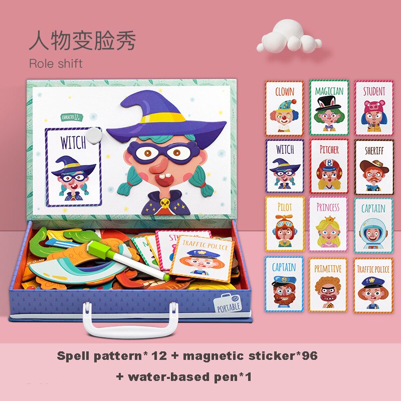 Kids Magnetic Puzzle Jigsaw Traffic Change Face Game Double-Sided Drawing Board Baby Early Education Toys For Children: Role-Shift