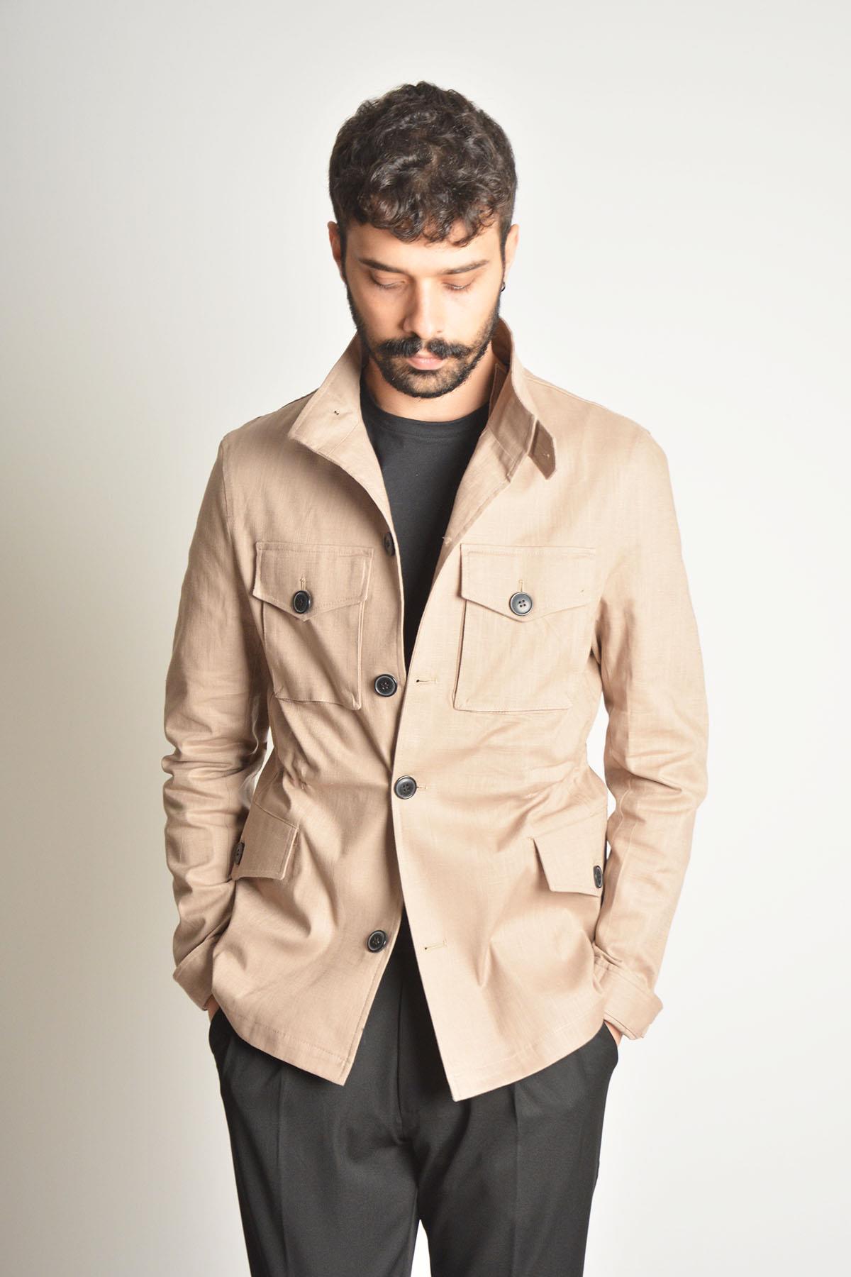 Safari-Chaqueta de lino para hombre, con bolsillos articulados, color Beige