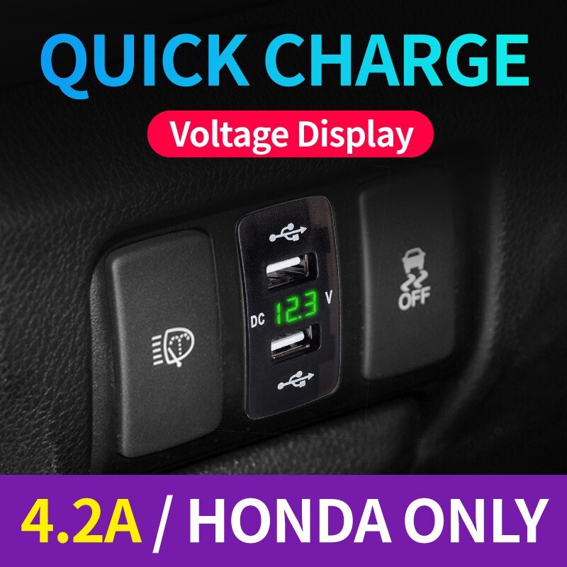 Quick Charge 4.2A Autolader Usb Voertuig DC12V-24V Kit Dual Usb Charger 2 Poort Kabel Socket Voltage Display Voor Honda