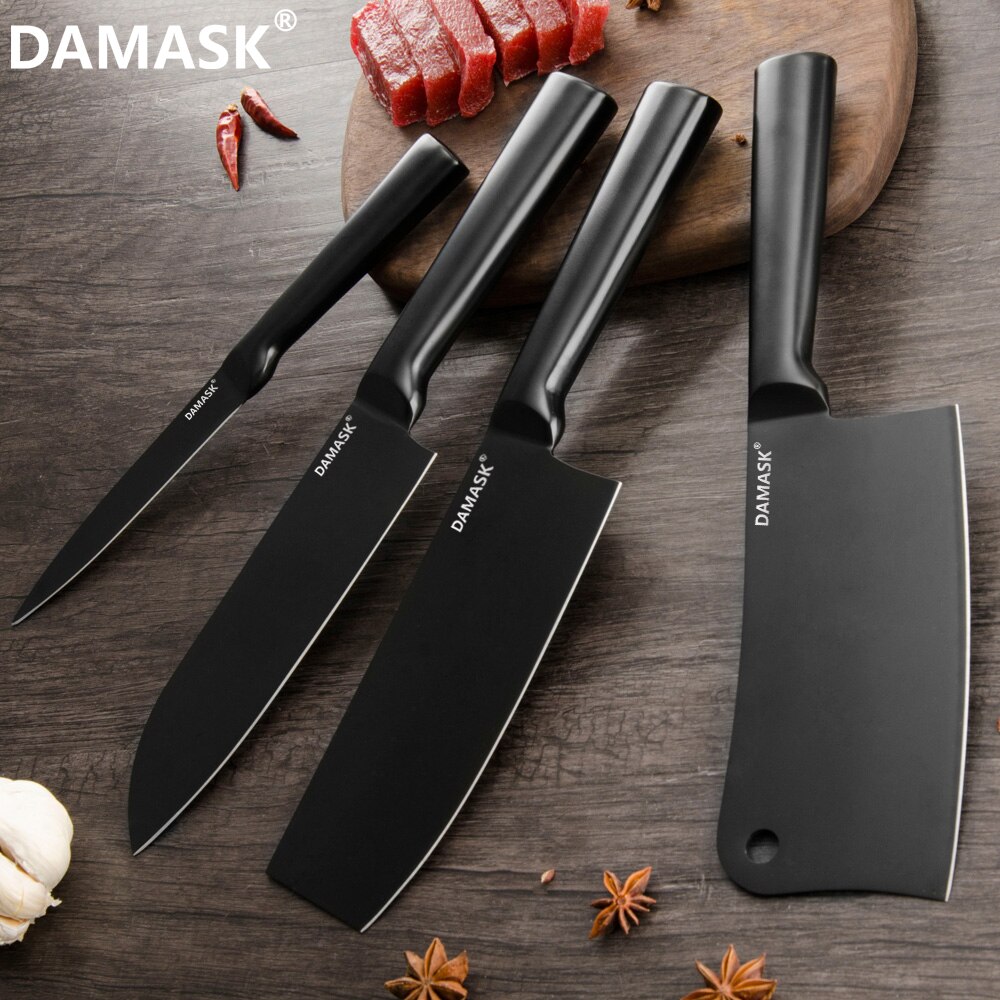 Damask rustfrit stål køkkenkniv sæt sort farve kok hakke nakiri slagter knive sæt 4 cr 14 mov kogekniv