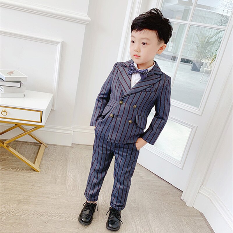 Pojkar formell kostym set barn randiga kavajväst byxor 3 st klädeset barn smoking för bröllopsfest prestanda kostym