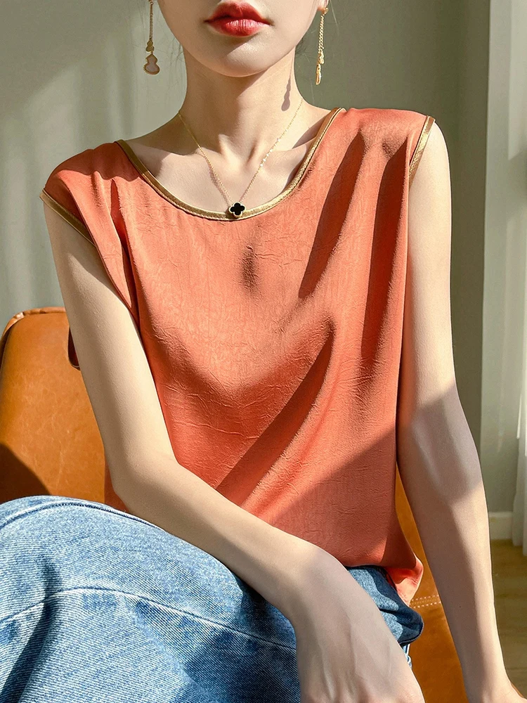 Women Summer Artificial Silk Satin Embossing Flower Thin O-neck Tank Top Gold Collar Hem Smooth Camisole Basic Model Silky Camis: M / CORAL RED