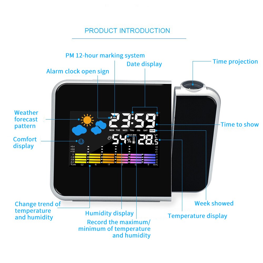 Multifunction Digital Alarm Clock LED Display Mirror Clock Snooze Time Night Table Desktop Projector For Convenient And Compact