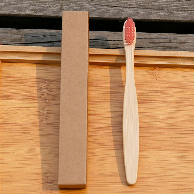 Brosse à dents en bambou , couleur mixte, en bois, à pointe de poils souples, soins buccaux pour enfants, 5 pièces/lot: Rose