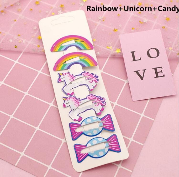 Pinzas para el pelo para niña y bebé, broches para el pelo, horquilla de colores dulces, estilos de dibujos animados, para , accesorios para el pelo, 6 uds.: Rainbow Unicorn Cand