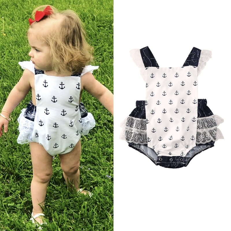 0-24m infantile enfants bébé barboteuse filles dentelle impression volants sans manches dos nu combinaisons vêtements