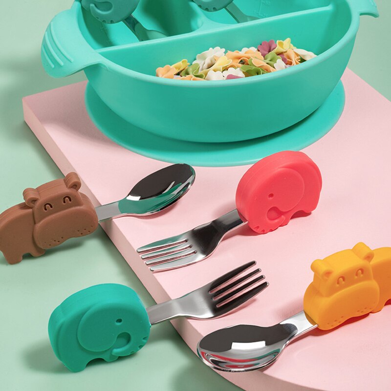 2 pz/impostato da tavola per bambini cartone animato a forma di animale cucchiaio per bambini e forchetta impostato in acciaio inox alimentazione gadget per bambini formazione