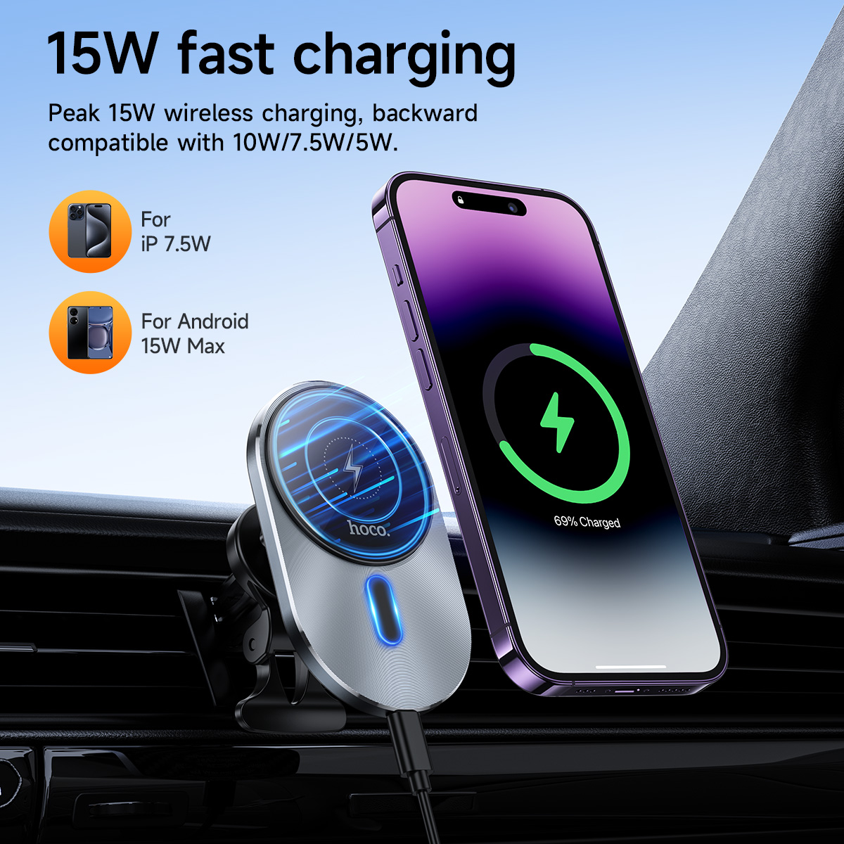 Hoco 15w magnético sem fio carregador de ventilação de ar para iphone 13 12 pro max estilo negócio carregador sem fio no carro carregamento rápido titular