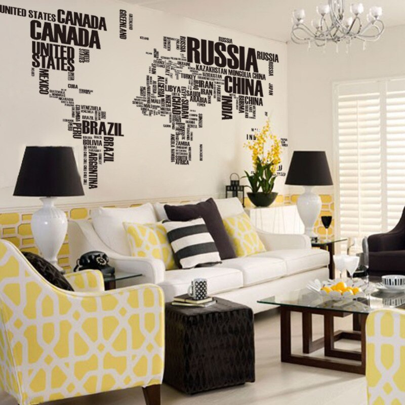 Sort verden rejsekort aftagelige bogstaver wallstickers stue boligdekoration pvc decal vægmaleri kunst diy wallsticker