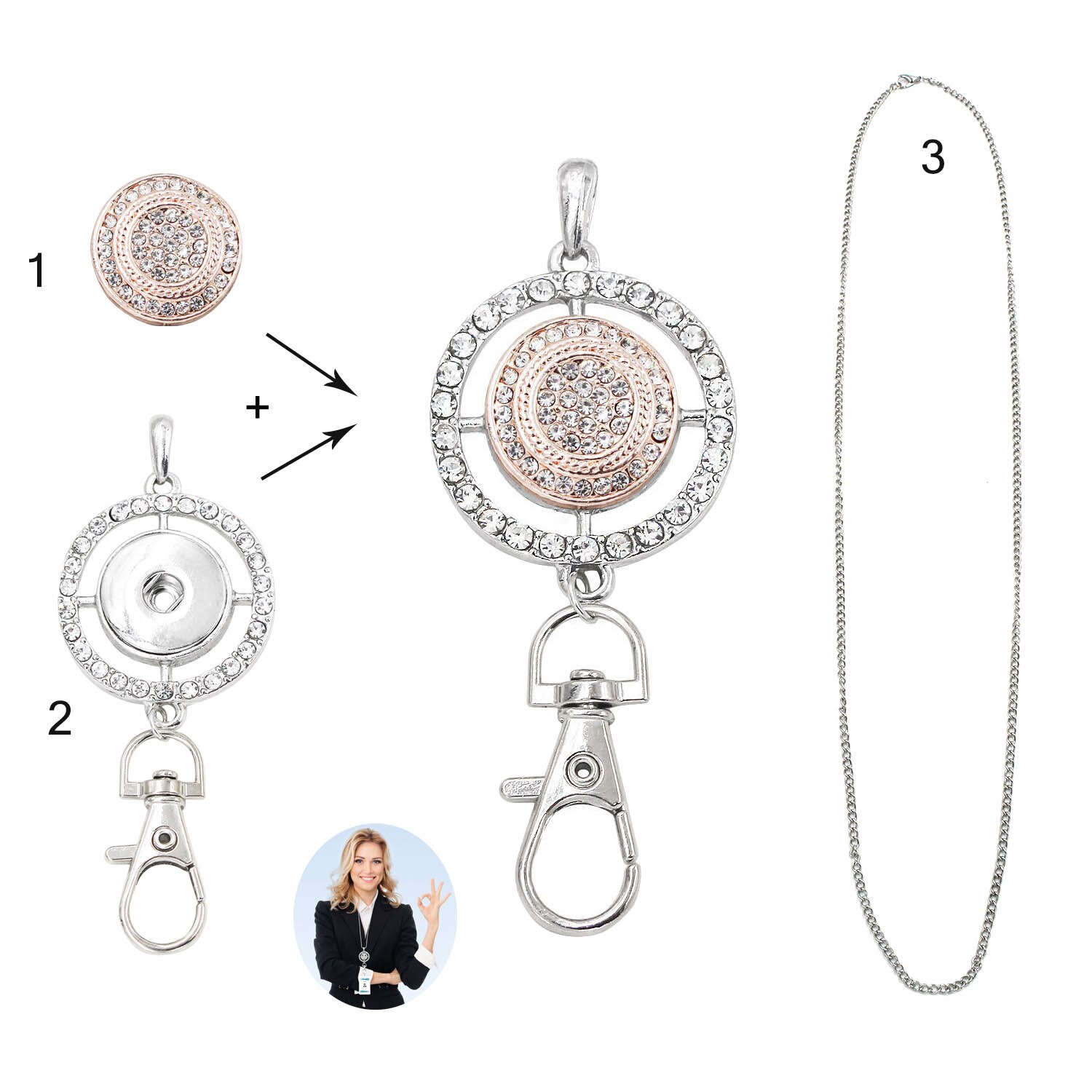 Idclip Schlüsselband Halfter Ich würde Abzeichen Eule schnappen Schmuck Rosa Reize Anhänger Clip Bling Halskette Frauen Büro zubehör: LA05