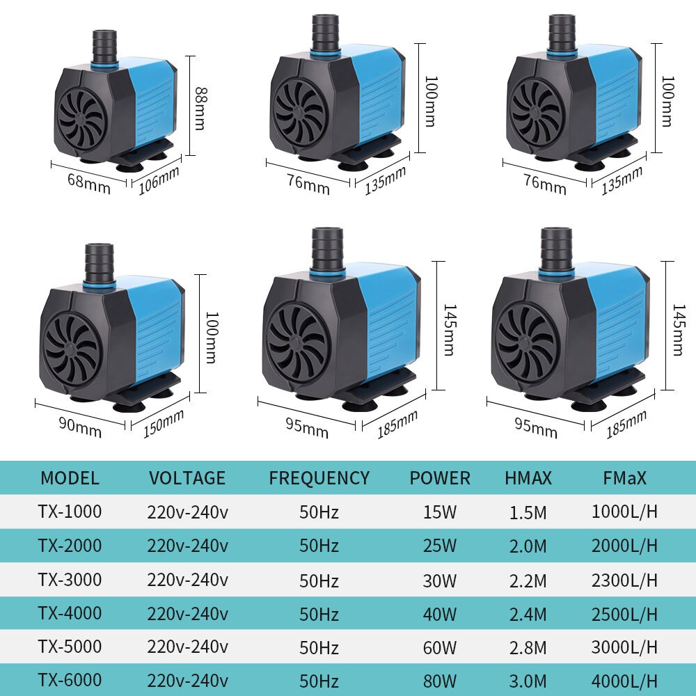 Pompe à eau Submersible 1000-4000L/H, fontaine d'eau de poisson multifonctionnelle Ultra silencieuse pour Aquarium 220V 15W-80W