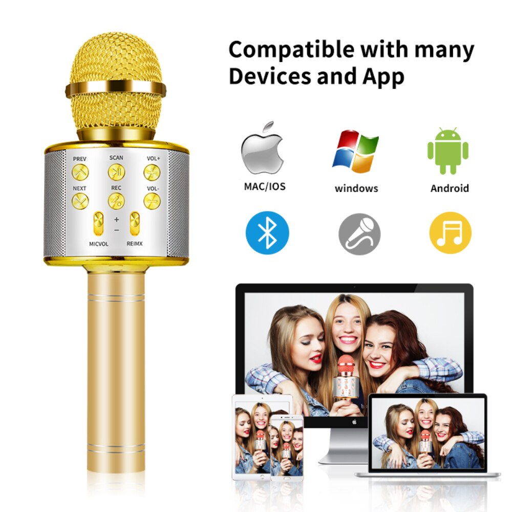 WS858 Bluetooth Karaoke Wireless Microphone Speaker Handheld Condenser Microphone Player Singing Recorder Mic LED