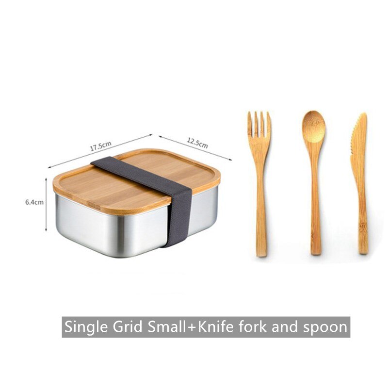 304 Stainless Steel Bamboo-wood Lid Lunch Box Packaged Food-grade Sushi Box Divided Grid Work Lunch Box Steamed Rice Seal Box: Set A