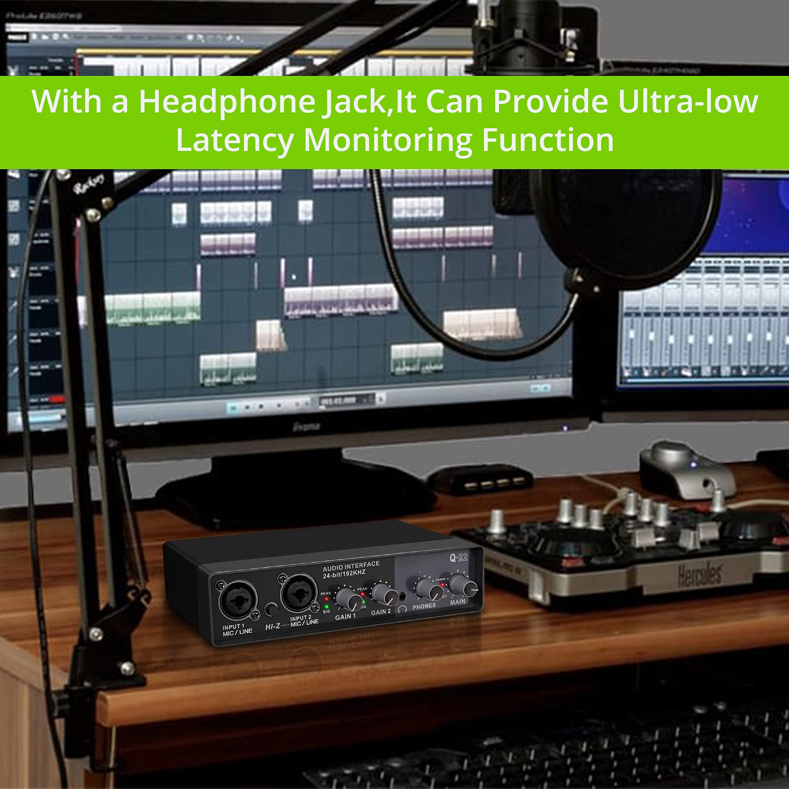 Interfaz de Audio Q-22, tarjeta de sonido con Monitor, mezclador de sonido, guitarra eléctrica para grabación en estudio en vivo, micrófono, alimentación fantasma de 48V