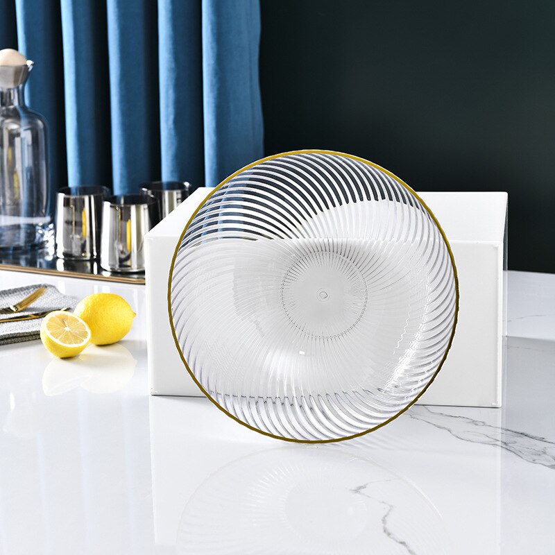 Cuencos de plástico para servir frutas, Bol redondo transparente para ensalada, plato de aperitivos con borde dorado, con estante de Metal, contenedor de comida para: Clear