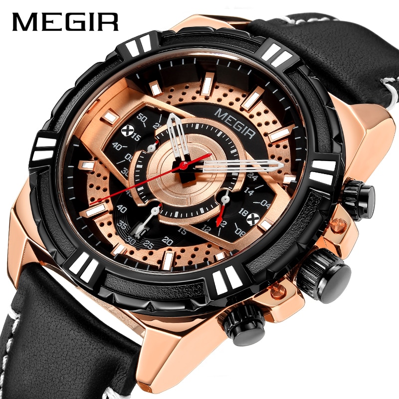 Nuevos relojes de lujosa para hombre, relojes deportivos con cronógrafo MEGIR para hombre, relojes de cuarzo de cuero a prueba de agua para hombre, reloj Masculino