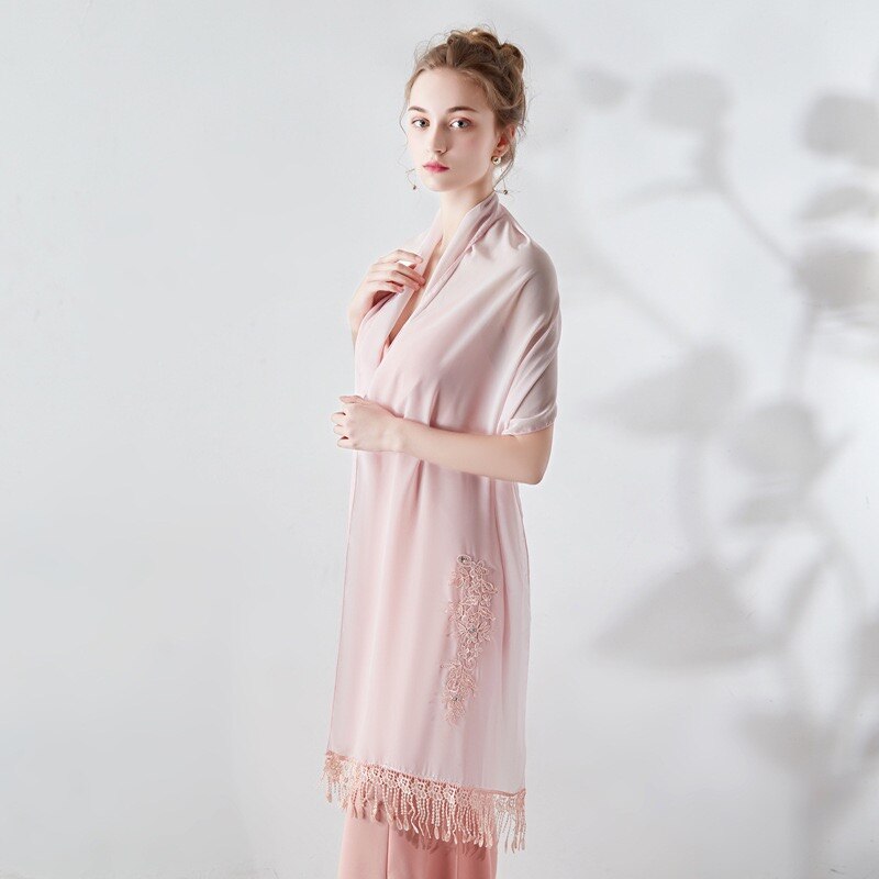 Longue mousseline de soie étole dentelle Appliques perlées robes de soirée châles de mariage enveloppes avec gland Capes de mariée fête: Rose