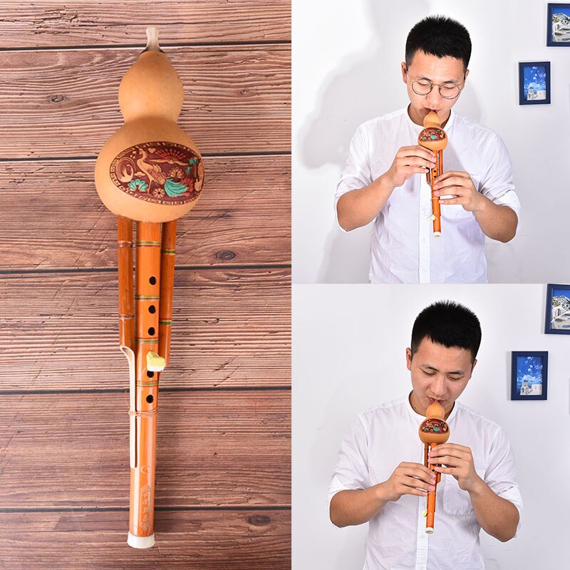 Chino hecho a mano Hulusi Brown bambú calabaza Cucurbit flauta instrumento Musical étnico C clave para principiantes amantes de la música