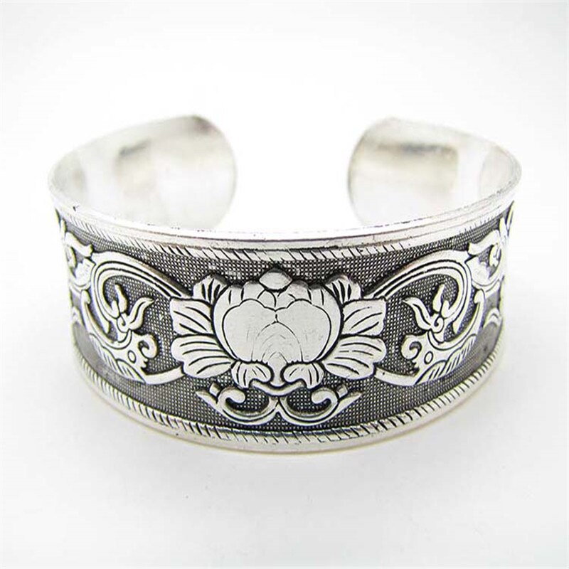 Brazalete tibetano Vintage tallado, pulsera ancha abierta, joyería Bohemia antigua para mujeres y hombres, Retro,