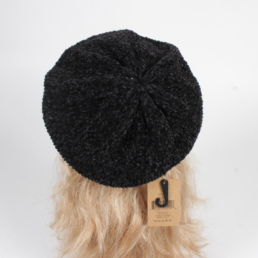 Women Chenille Berets Autumn Winter Warm Female Cap Sweet Painter Hats Eleghant Ladies Berets Hats Solid Color Cap: Black