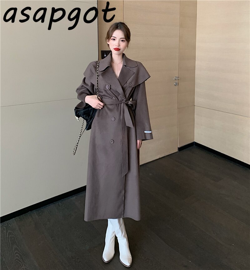 Chic Vintage blanc revers Double boutonnage Trench femmes à lacets longues taille manteau de laine automne hiver tempérament en vrac