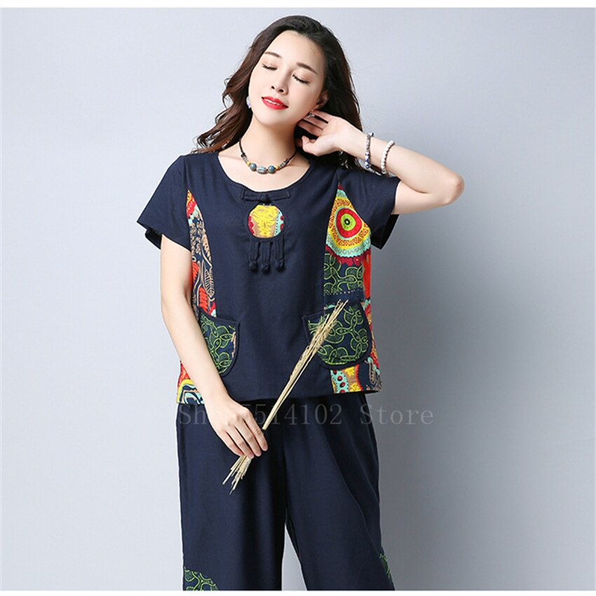Nationale Stijl Vintage Tang Pak Vrouwen Print Korte Mouw Gesp Top Katoen Losse Broek Chinese Felame Zomer Outsuit