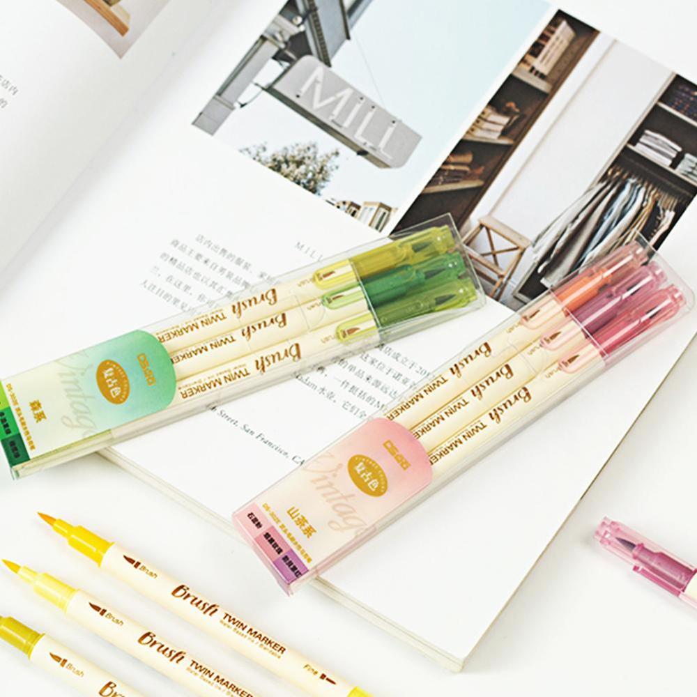 3 pçs highlighter caneta retro dupla cabeça escova caneta criativa arte marcador desenho pintura aquarela material escolar papelaria