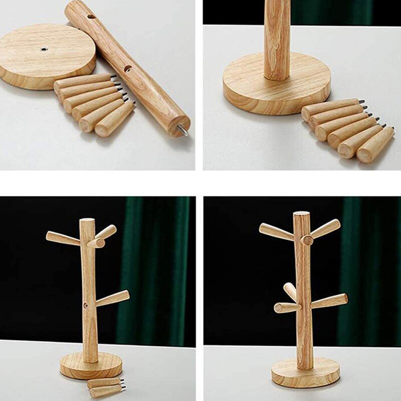 Wooden Mug Tree Holder with 6 Hooks, Mug Rack Display Stand Cups Organizer Dryer, Tea Coffee Cup Mug Hooks