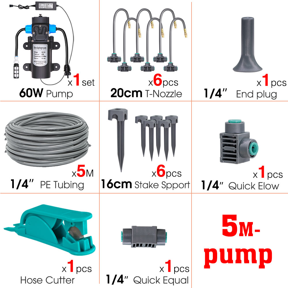 5M-30M 45W-60W Self-priming Pump Watering System 360° Bendable Mist Brass Misting Sprinkler Quick Connector Drip Irrigation Kits: Light Grey
