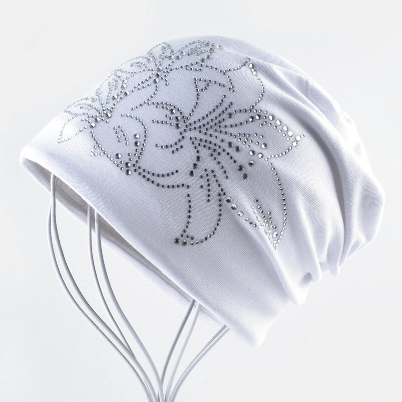 Female Beanie Bonnet Autumn And Winter Caps Hip-hop Cap Flower Rhinestone Hats For Women Beanies: white