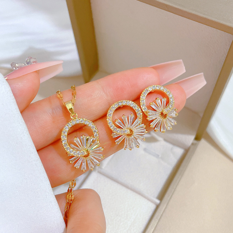Luxury Crystal Flower Star Bowknot Butterfly Stud Earrings Necklace Set for Women Waterdrop Angel Stainless Steel Jewelry Sets: Antique Silver Plated