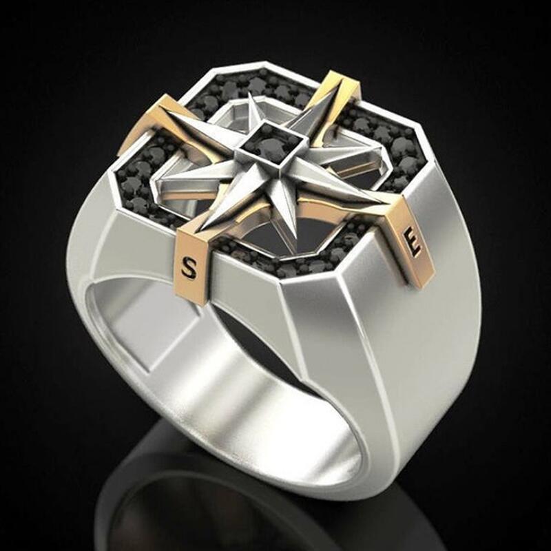 Anillo con brújula vikinga de dos tonos con incrustaciones de circonita AAA de acero inoxidable y único para hombre