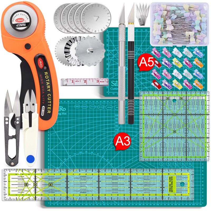 Rotary Cutters Set with Cutting Mat Patchwork Ruler Carving Knife Kit for Fabric Paper Leather Crop Sewing Scissors and Quilting
