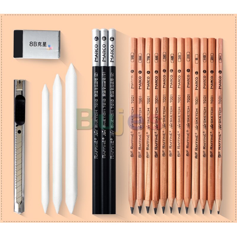 Marco 7500-21BK-opp 20Pcs 3H-9B Log Pole Houtskool Tekening Potlood Professionele Schets Pen Gordijn Set Schets Gereedschap Kunst Levert