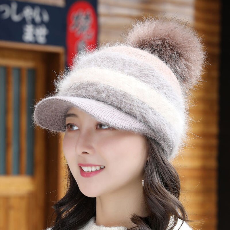Efterår vinter kvinder tyk strikket visir beanie hat sød stribet kanin hår blanding hue tyk varm ørepap hætte elastisk kuppel hat