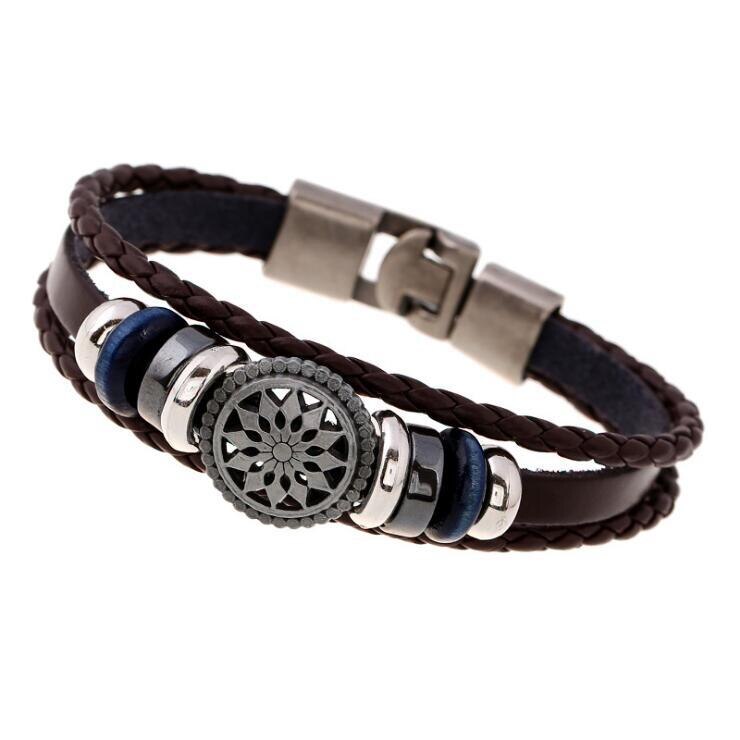 Lucky Vintage Men's Leather Bracelet Wood Beads Charm Multilayer Braided Bracelets Bangles Women Pulseira Masculina: Black / 23cm