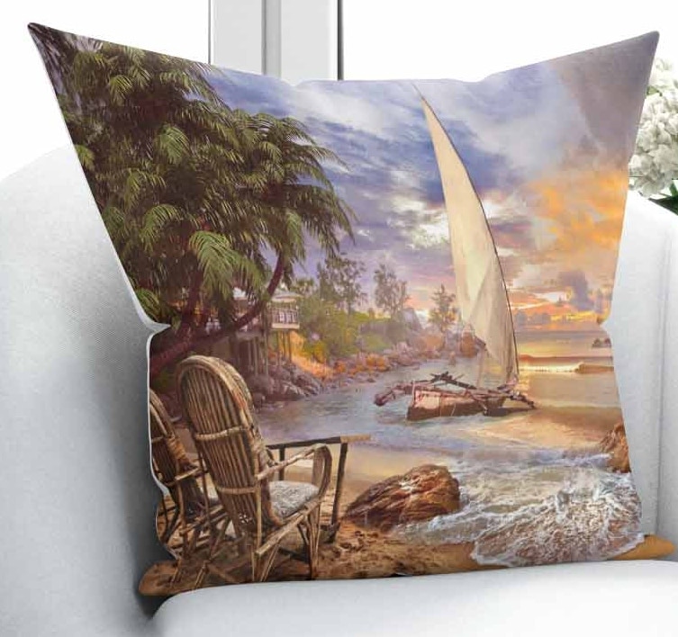 Else Tropical Beach Sand Sea Ship Green Palm Tree 3d Print Living Room Bedroom Window Panel Curtain Combine Pillow Case