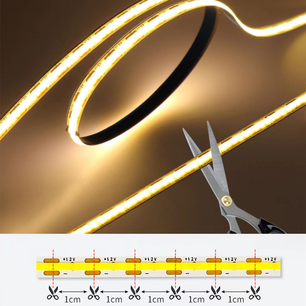 Tira de luces LED COB, cinta Flexible de alta densidad, 12V, 3000K, 4000K, 6500K, blanco, RA90, 1cm, corte de distancia corta