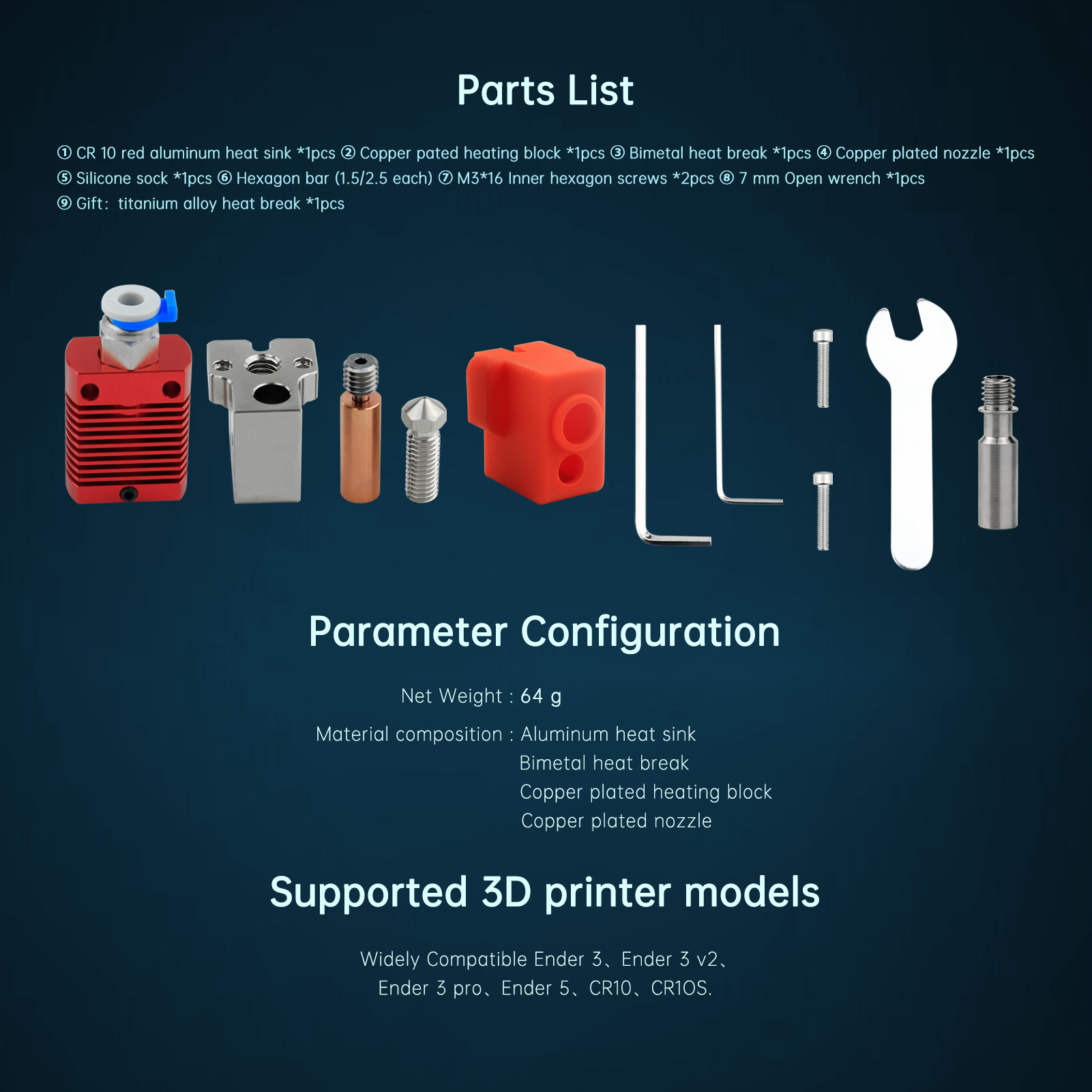 Ender3/Ender 3V2/CR10 Alta Temperatura 550 ℃ Kit Hotend Boquilla de volcán chapada en cobre Bloque calentado Kit Hotend de garganta bimetálica