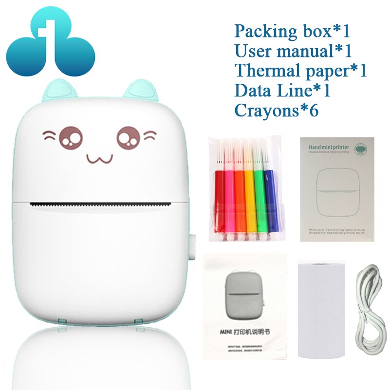 Portable Mini Thermal Printer Wirelessly BT 203dpi Photo Label Memo Wrong Question Printing With USB Cable Imprimante Portable: BLUE