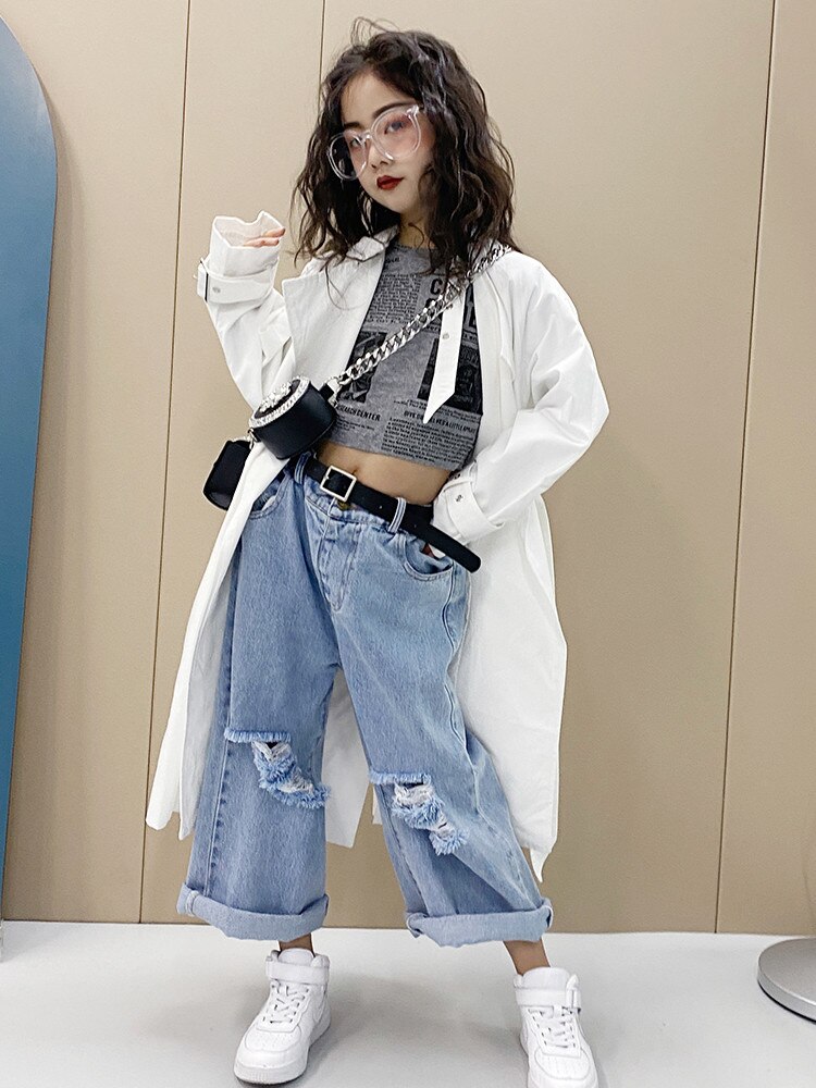 Pantalones vaqueros con agujeros para niña, Vaqueros holgados para niños, Vaqueros rectos para adolescentes de 4 a 14 años, wz33, novedad de primavera y otoño de