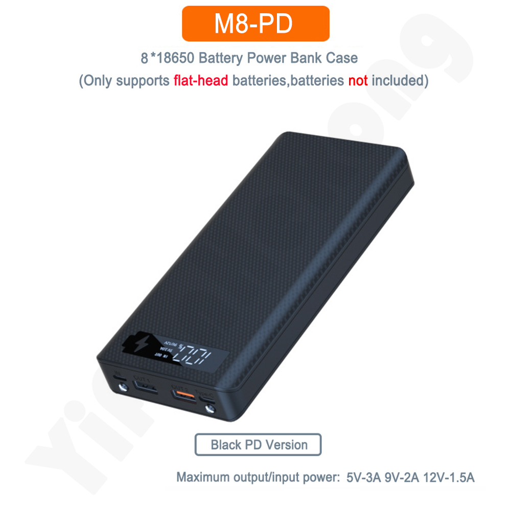 DIY Power Bank Case 8x 18650 Battery Charger External Box With LED Flashlight PD Fast Charger Power Bank Case For Smart Phone: PD Black