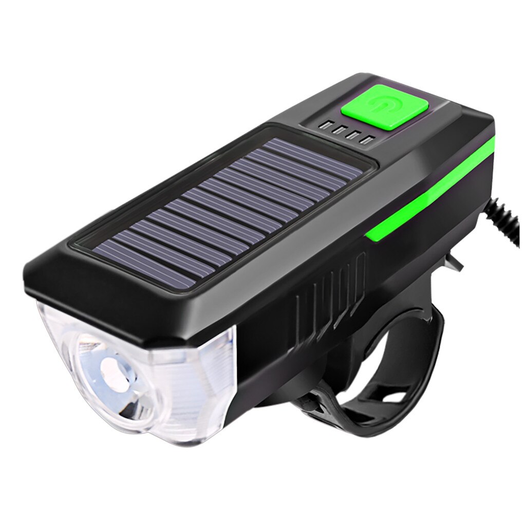 Outdoor Solar Power USB LED Bike Bicycle Front Light Rechargeable Headlight With Horn: Green