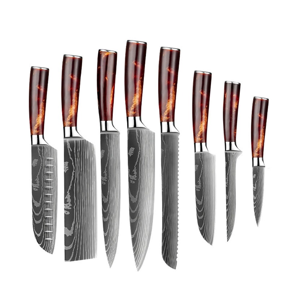 Kitchen Knives Set Chef Knives High Carbon Damask Stainless Steel Forged Meat Cleaver Knife Cooking Set